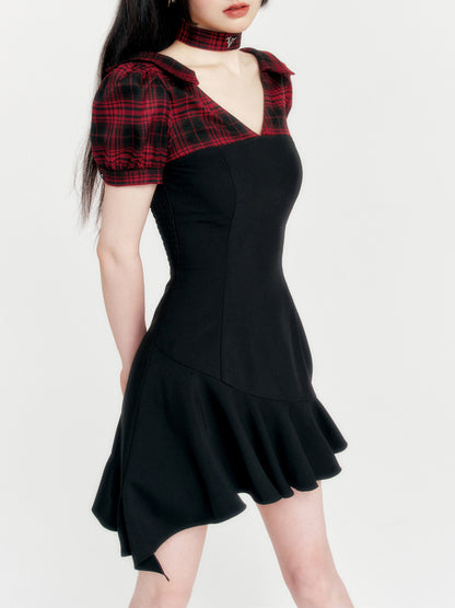 Decollete open V-neck asymmetric frill dress with check choker