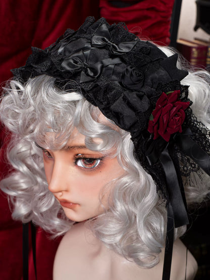 Dark Gothic Ribbon Lolita Dress + Waist Belt + Train + Hairband