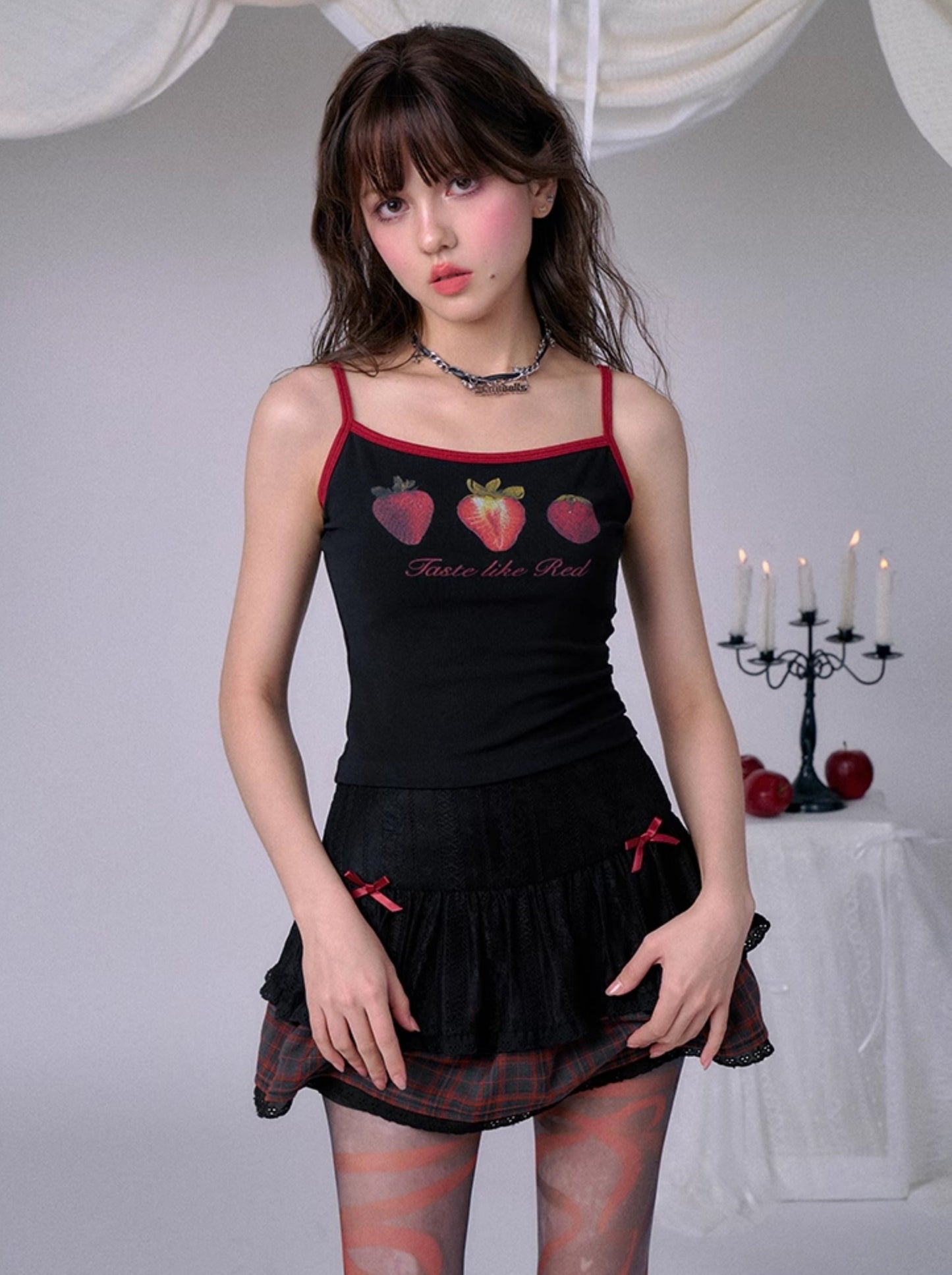 SagiDolls Girly Fighting Spirit #RedFlavour #Asian Girl Dark Lace Red Checkered Skirt Short Skirt Hot Punk