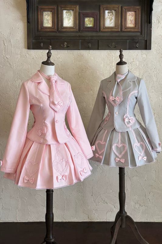 [Pre-order Deadline: June 28] Pink/Gray Vintage Lolita Heart Ribbon Tailored Jacket + Skirt + Tie