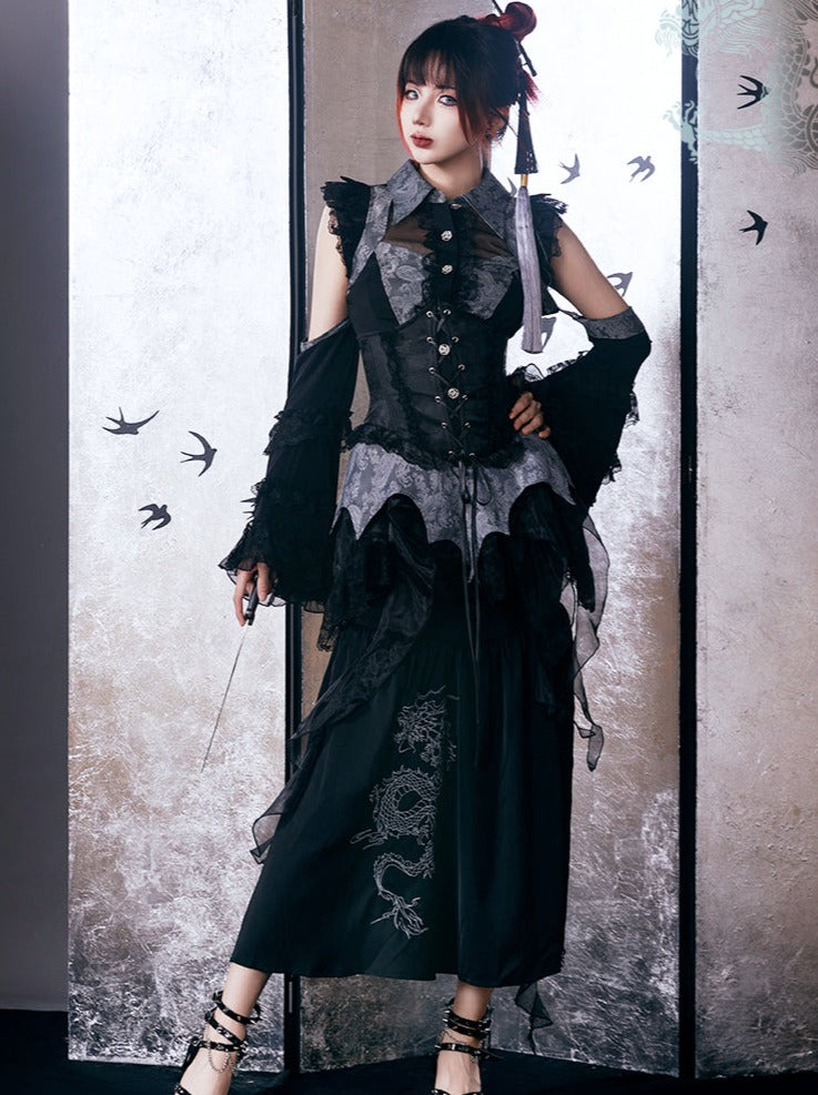 Chinese Gothic Subculture Fishtail Skirt + Top + Waist Corset