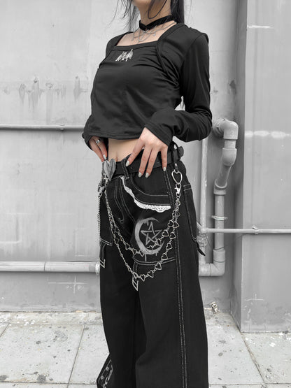 PUNK ROCK BUCKLE EYELET BLACK PANTS + CHAIN ​​HEART BELT