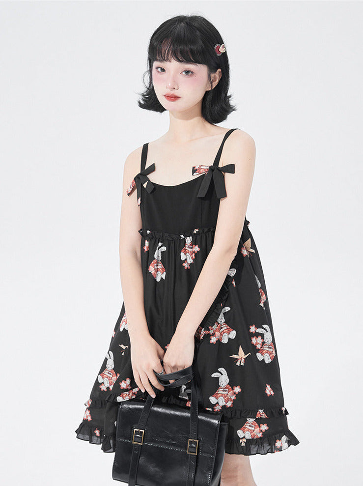 Japanese Rabbit Print Black Tea End Suspender Dress