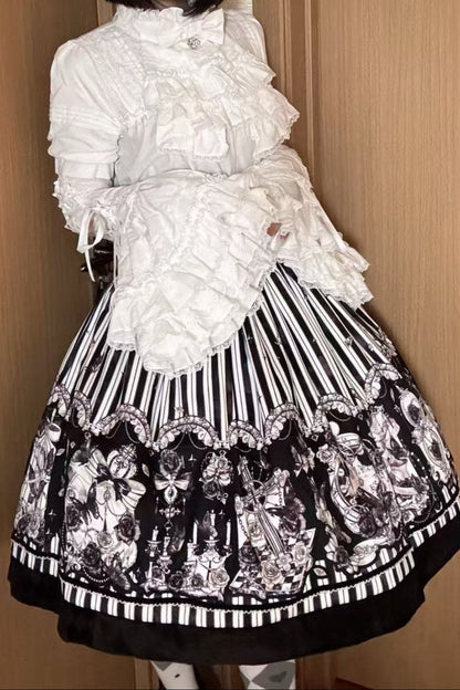 【10月3日予約締切】Black/White Elegant Gothic Puff Sleeve Shirt With Detachable Bell Sleeves And Frill Collar Jabot