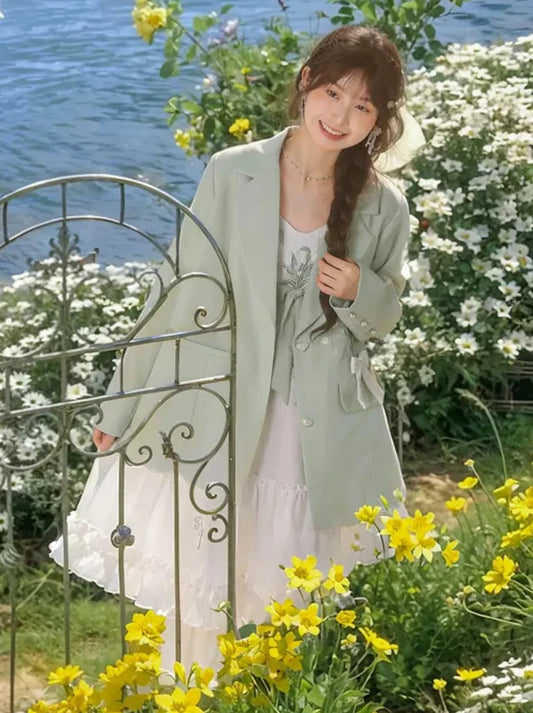 ミントグリーンフラワーリボンスーツジャケット＋フリルサスペンダードレス【予約商品】