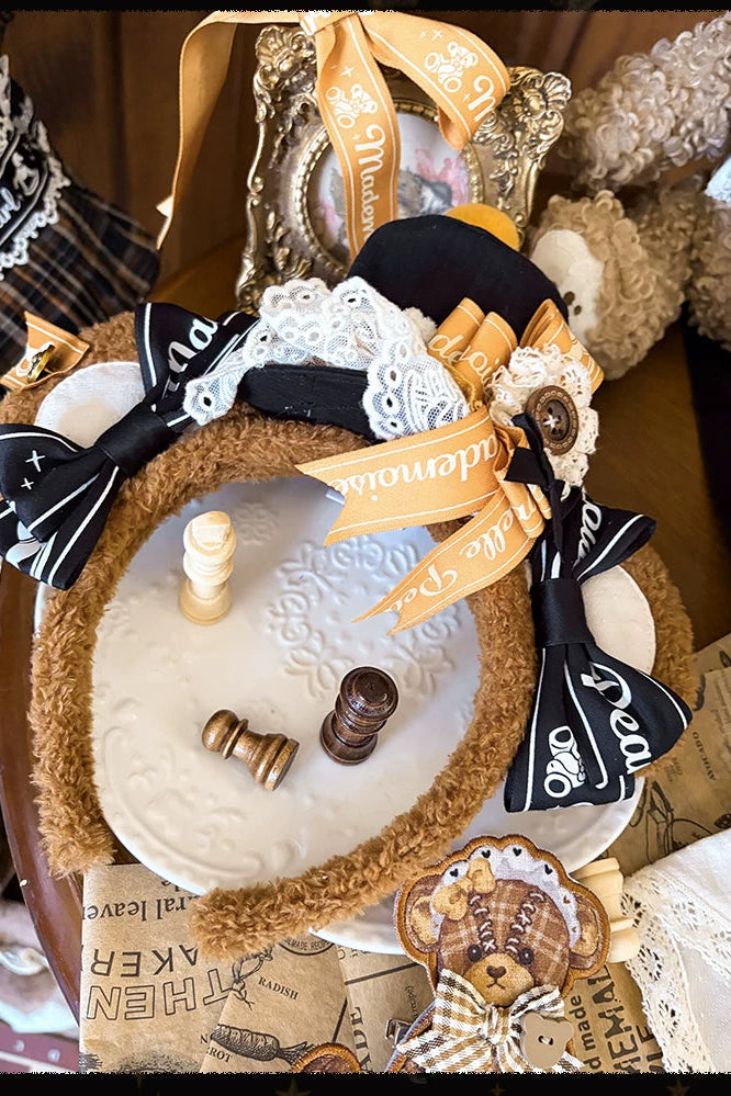 【9月8日予約締切】Vintage Teddy Bear Classic Lolita Series Accessories（Black Hat With Ribbon Train / Mini Hat &amp; Bear Ear KC With Ribbon Decoration / Bear Ear Bonnet / Brown Bear Brooch / Bear Embroidered Brooch）