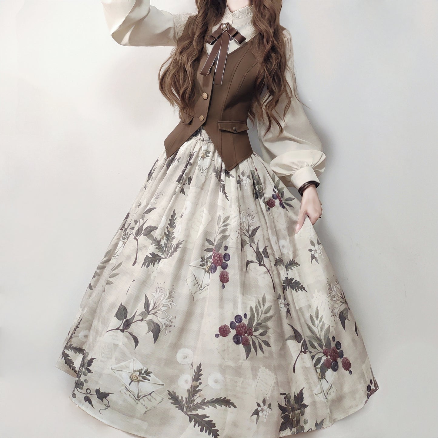 レトロロングコート+スカート+シャツ+ベスト