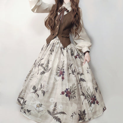 レトロロングコート+スカート+シャツ+ベスト