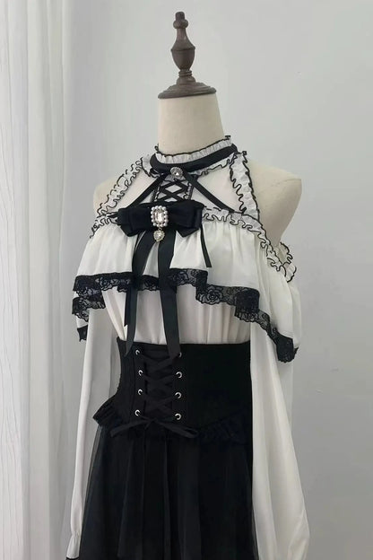 [Pre-order Deadline: October 30] Elegant Gothic White and Black Lace Off-Shoulder Long-Sleeve Ribbon Frill Blouse + Black Layered Lace Long Skirt