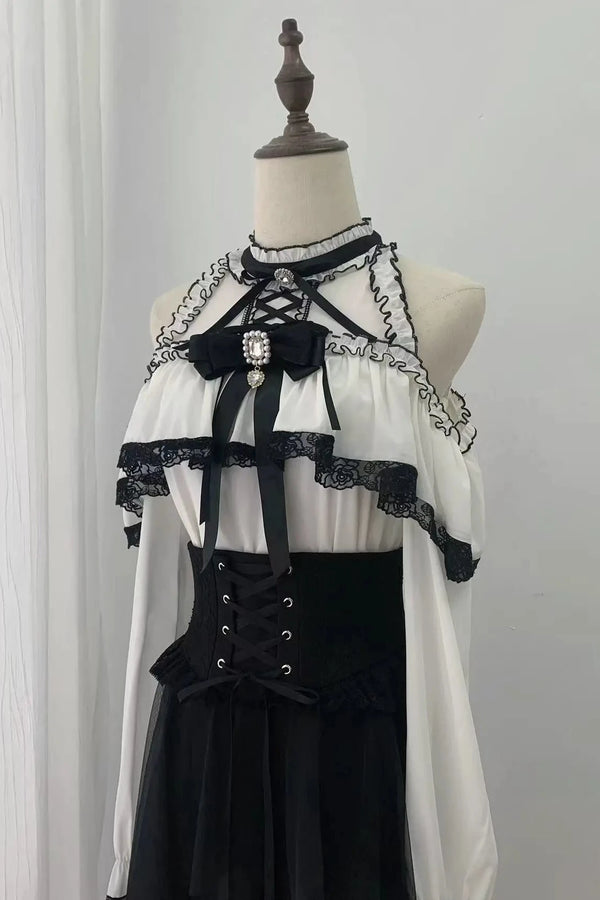 [Pre-order Deadline: October 30] Elegant Gothic White and Black Lace Off-Shoulder Long-Sleeve Ribbon Frill Blouse + Black Layered Lace Long Skirt