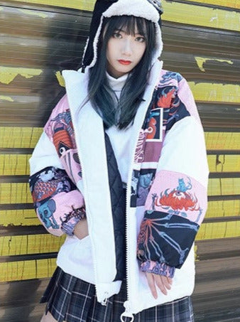 Dark Printed Stand Collar Cotton Down Jacket