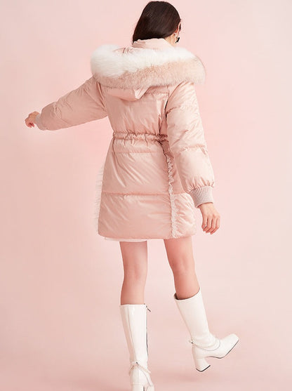 Pink Mid Length Fox Fur White Duck Down Jacket