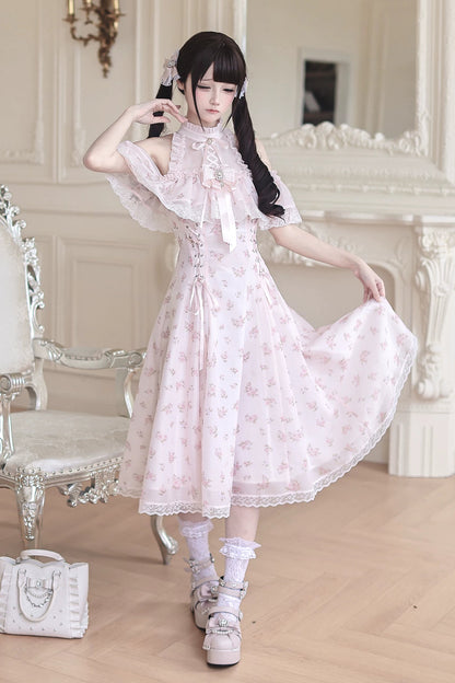【6月15日予約締切】ピンクフローラルシフォンレースジュエルリボンオープンショルダーロングドレス