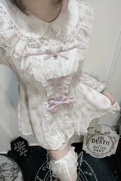 【10月28日予約締切】Pink/White/Black/White 4-Piece Set: Floral Tiered Lace Long-Sleeve Dress + Shorts + Pair of Ribbon Hair Clips + Bow Tie