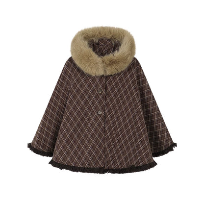 チェックファーカラーフーデッドケープ