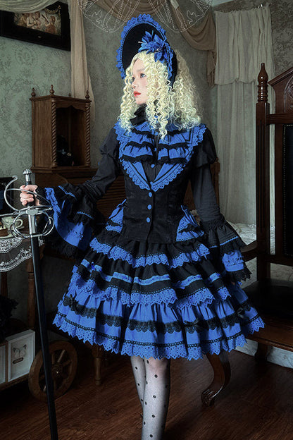 [Vorbestellfrist: 13. Juli] Kleinblaue Gothic-Lolita-Rüschen-Stufenkleid-Komplettset