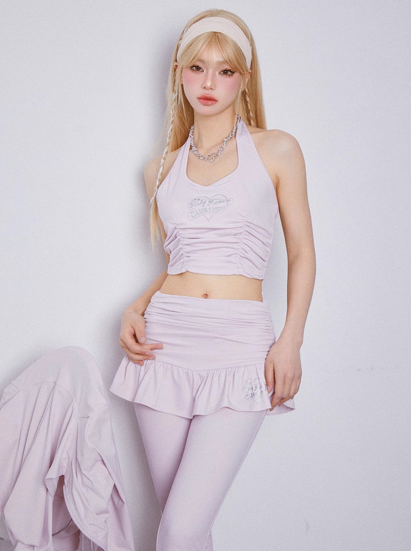 Sports Style Girly Foodie Jacket + Halter Neck Top + Pleated Frilled Pants