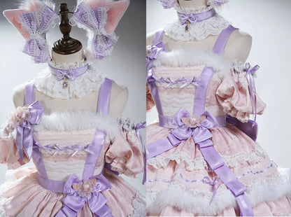 【12月26日予約締切】キャットファンタジーピンクパープルファーリボンティアードドレス＋猫耳ヘッドKC＋レースチョーカー