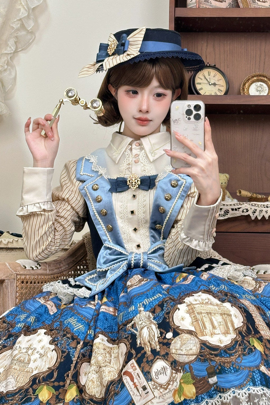 [Reservation Deadline: November 6] Beige Striped Short-Sleeve Lolita Shirt with Beautiful Embroidery and a Layered Lace Collar + Pair of Detachable Long Sleeves + Long-Sleeve Shirt (with Detachable Embroidered Collar)