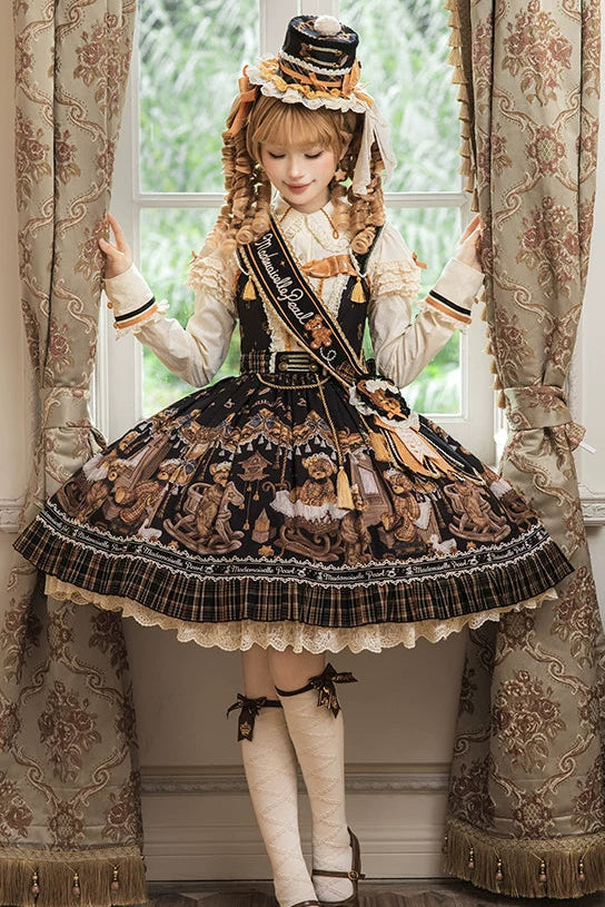 [Reservierungsschluss 8. September] Classic Bear Lolita-Stufenkleid mit weißem Kragen, Karomuster, Spitze und Schleife+Vintage-JSK-Kleid mit Teddybär-Print und Spitze+Vintage-Lolita-Kleid mit Teddybär-Print, Karokragen und klassischem Karomuster