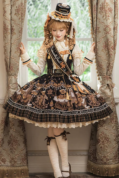 [Reservierungsschluss 8. September] Classic Bear Lolita-Stufenkleid mit weißem Kragen, Karomuster, Spitze und Schleife+Vintage-JSK-Kleid mit Teddybär-Print und Spitze+Vintage-Lolita-Kleid mit Teddybär-Print, Karokragen und klassischem Karomuster