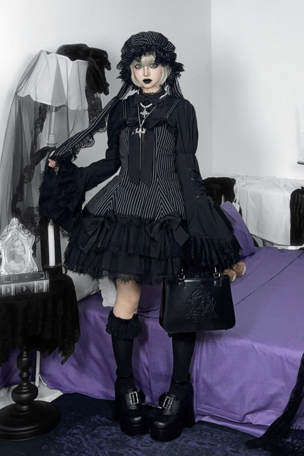 ラビットダークゴシックホワイトブラックストライプケープドレスフルセット