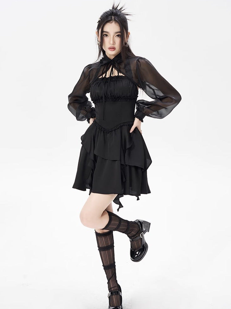 Sheer Lantern Sleeve Black Chiffon Short Jacket