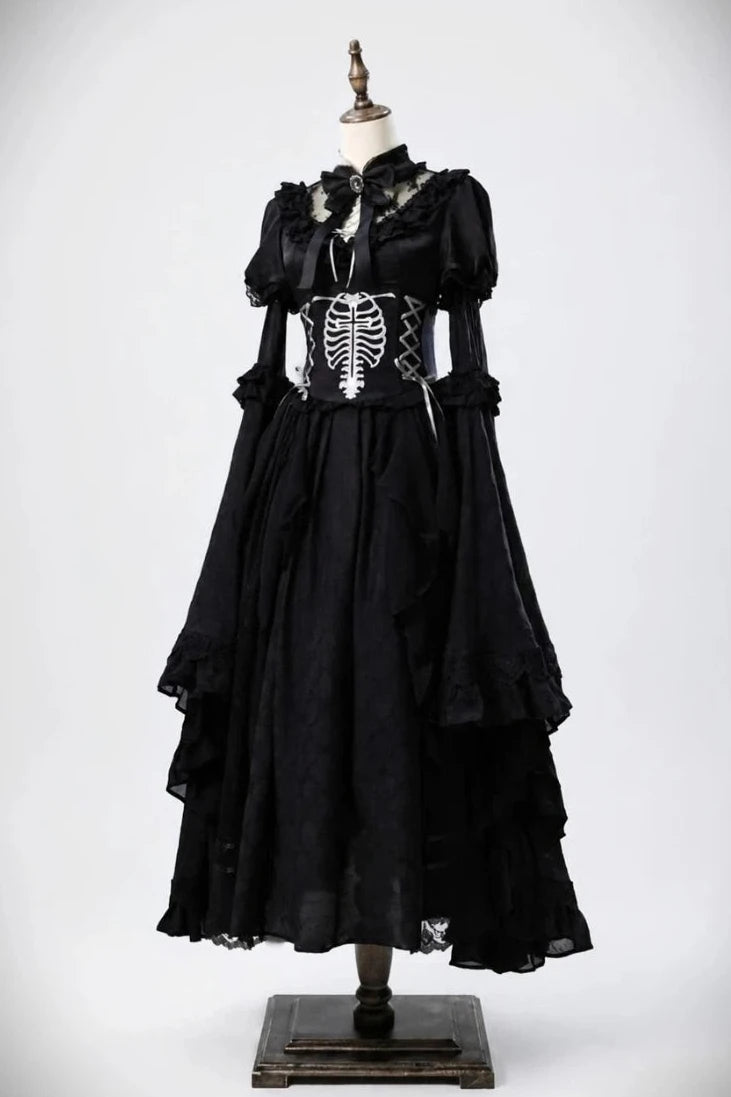 【11月2日予約締切】Born Nocturne Black Gothic Puff Sleeve Lace Layered Long Dress (with Bow Tie) + Embroidered Corset Belt + Detachable Oversized Bell Sleeves