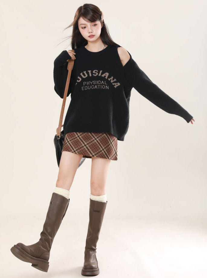 Open Shoulder Round Neck Knit Sweater