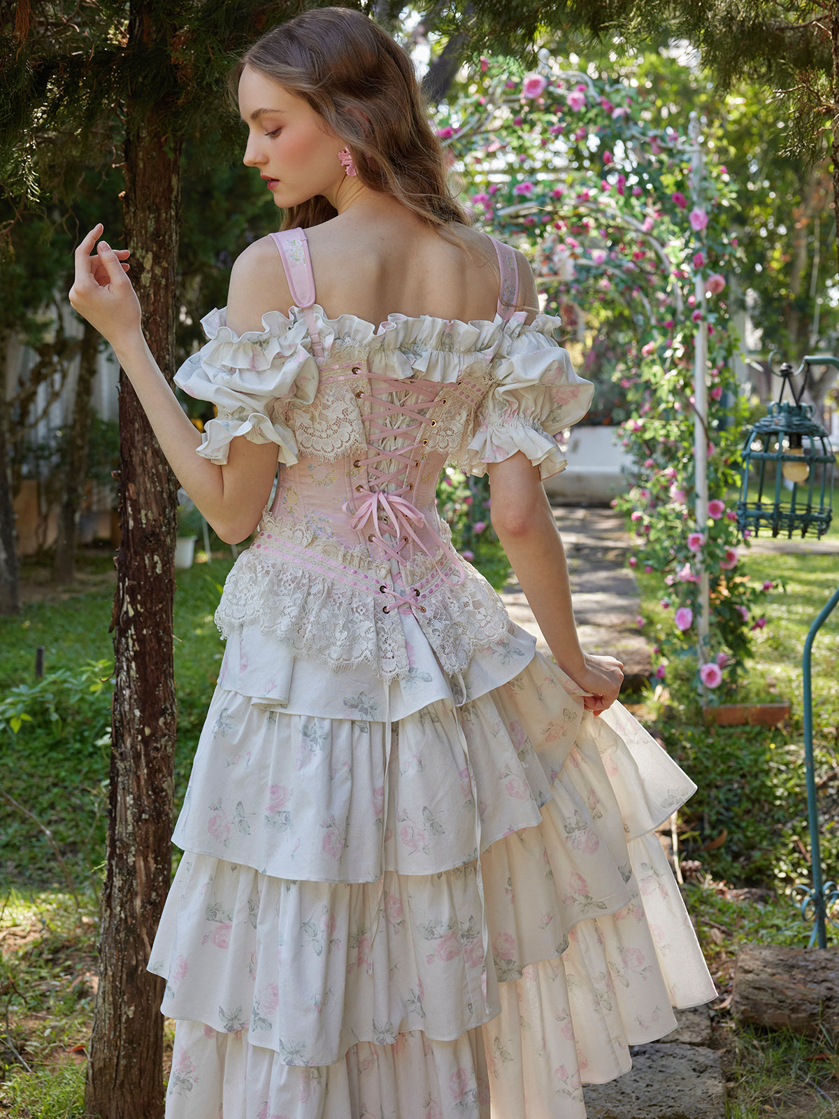 Retro Pink Flower Tiered Long Dress