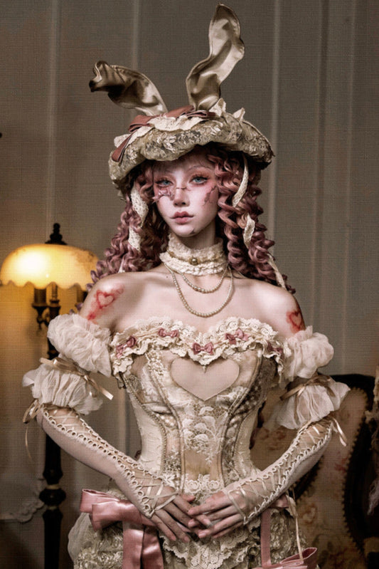 ラブフィッシュボーンコルセットロココフレンチチュニックトリムトップス＋スリーブ＋スリムリボン＋レッグカバー＋チョーカー