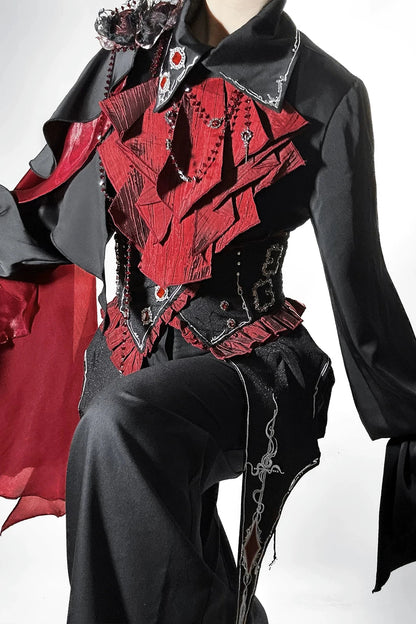 【10月8日予約締切】Ouji Fashion Black Red Gothic Ruffle Prince Lolita Full Set(Jewel Chain Ruffle Jabot Shirt + Rose Accessory Gothic Embroidered Corset Belt + Black Wide-Leg Pants + Rose Beaded One-Shoulder Cape)