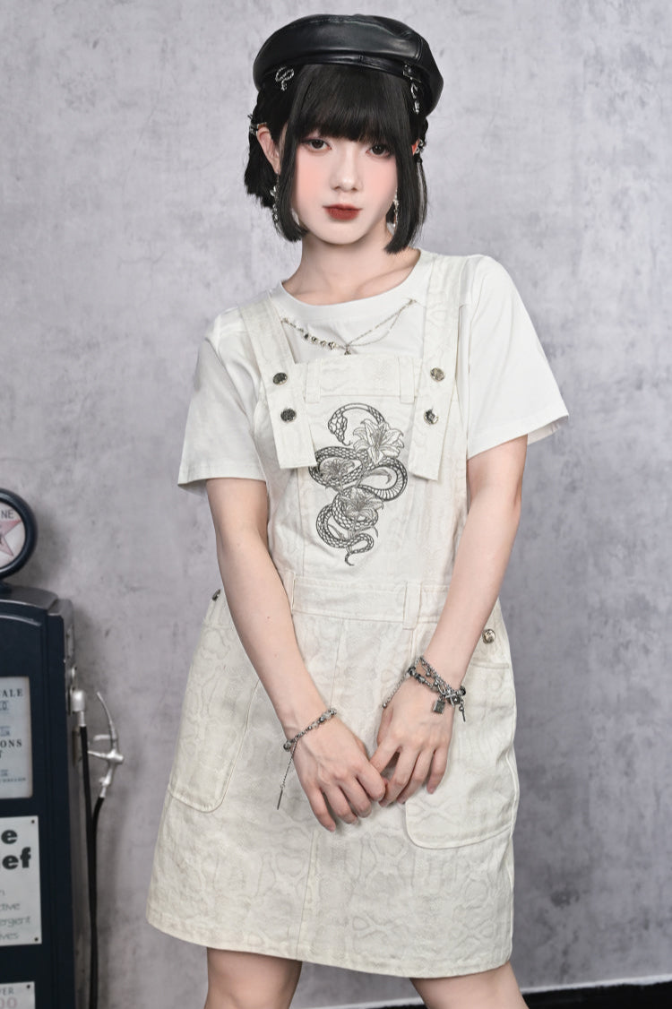 チャイナデザインチェーンホワイトプリントTシャツ