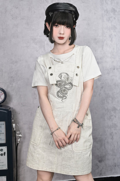 チャイナデザインチェーンホワイトプリントTシャツ