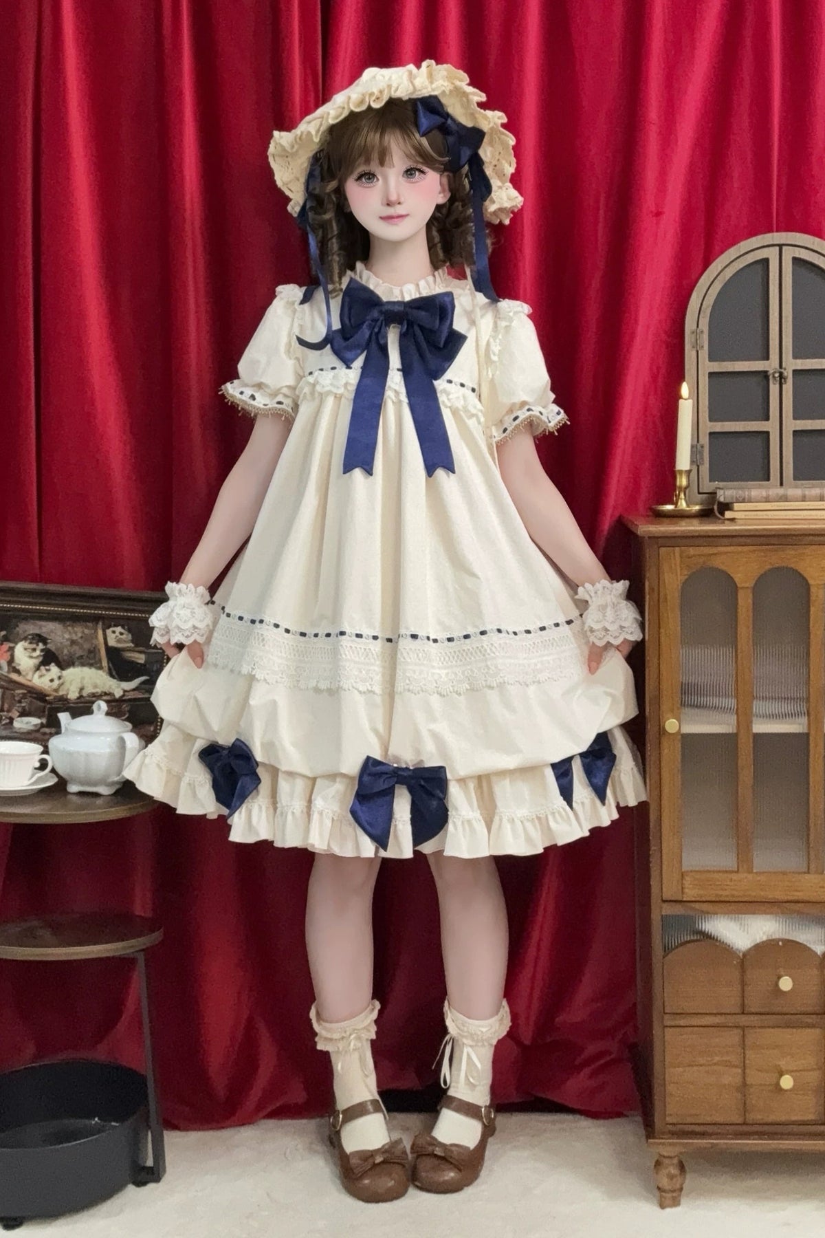 【9月19日予約締切】Pink x Beige / Dark Blue x Beige Doll Style Sweet Lolita Bow Lace Puff Sleeve Dress + Dress Set + Full Set