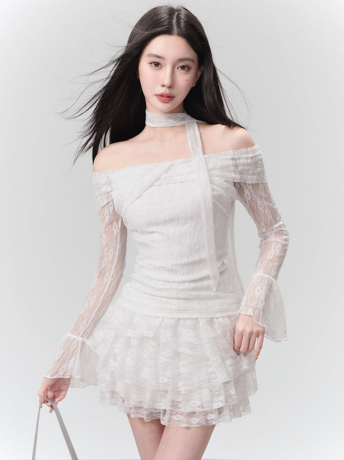 Fragileheart Fragile Shop Moonlight Lovers White Lace Knit One-Shoulder Top Set