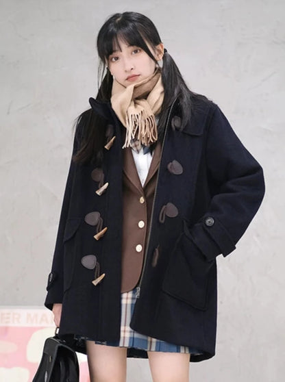 College Style Horn Button Coat Wool Coat