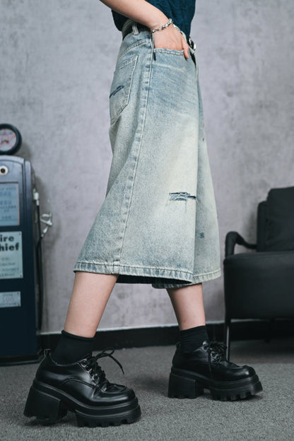 ダメージハーフデニムワイドレッグパンツ