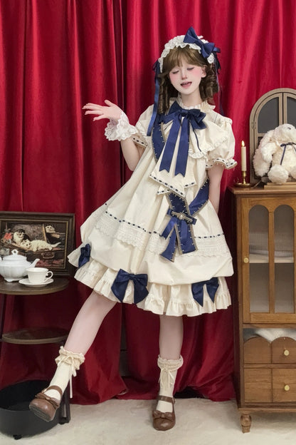 【9月19日予約締切】Pink x Beige / Dark Blue x Beige Doll Style Sweet Lolita Bow Lace Puff Sleeve Dress + Dress Set + Full Set