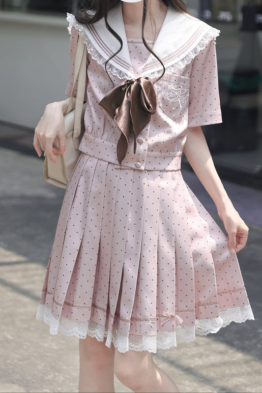 Pink Polka Dot Sailor Blouse + Skirt + Accessories