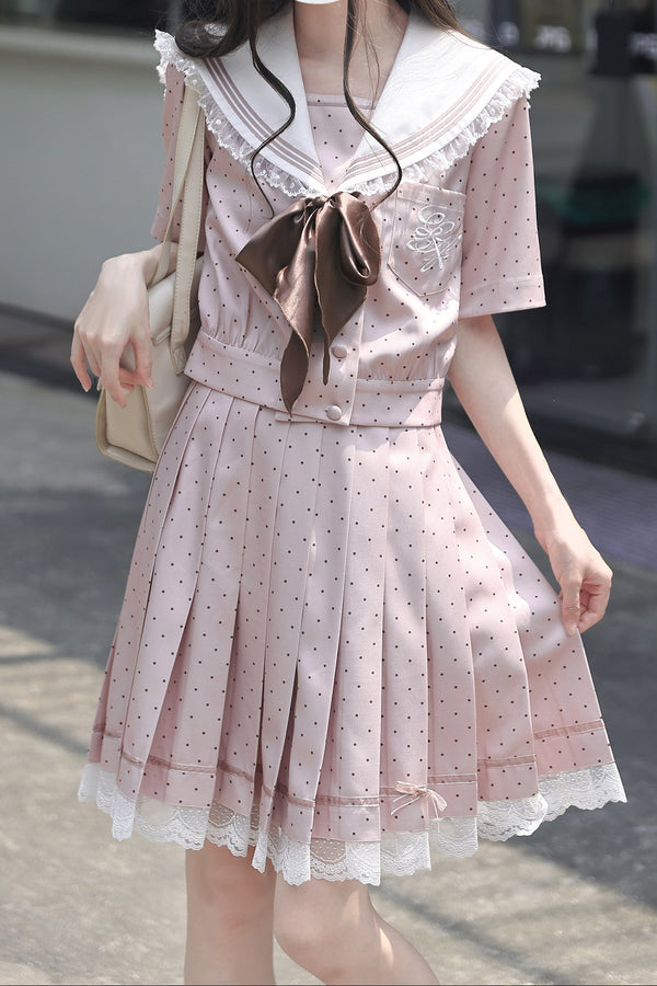 Pink Polka Dot Sailor Blouse + Skirt + Accessories
