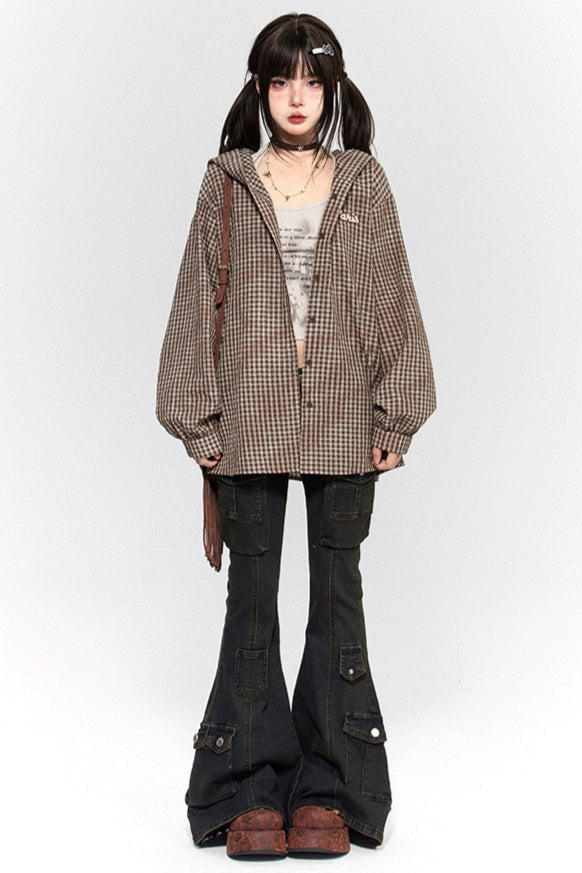 クールベアイヤーフードチェックシャツ