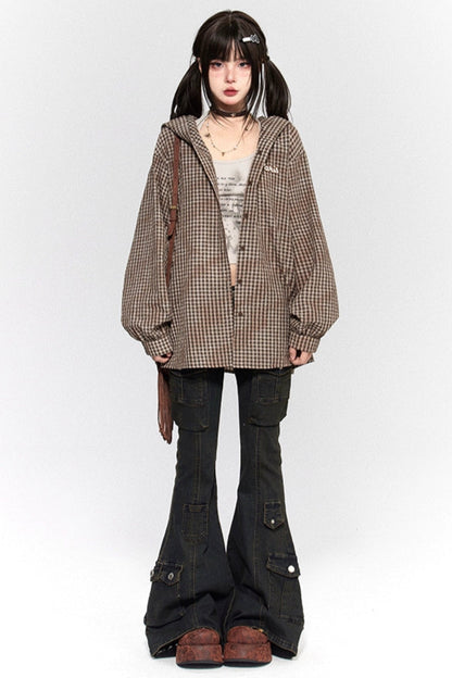 クールベアイヤーフードチェックシャツ