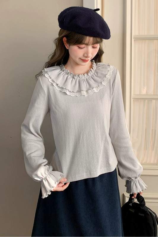 フリルカラーレトロスイートトップス