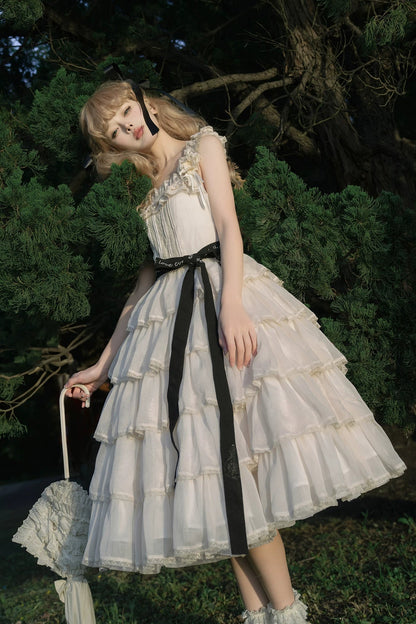 [Pre-order Deadline: July 31] Romantic Sweet Lolita Square-Neck Tiered JKS Ribbon Dress