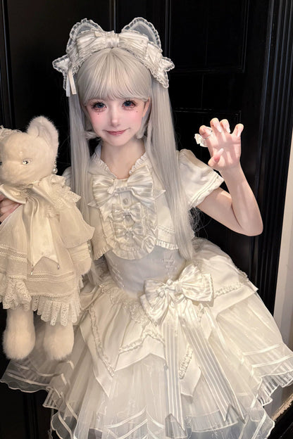 【4月18日予約締切】猫耳フーディーレースリボンホワイトフェイクツーピースロマンティックゴシックロリータドレス