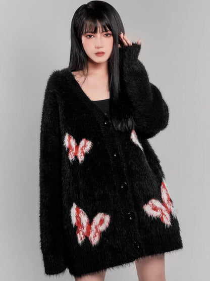 Butterfly V-Neck Fur Knit Cardigan