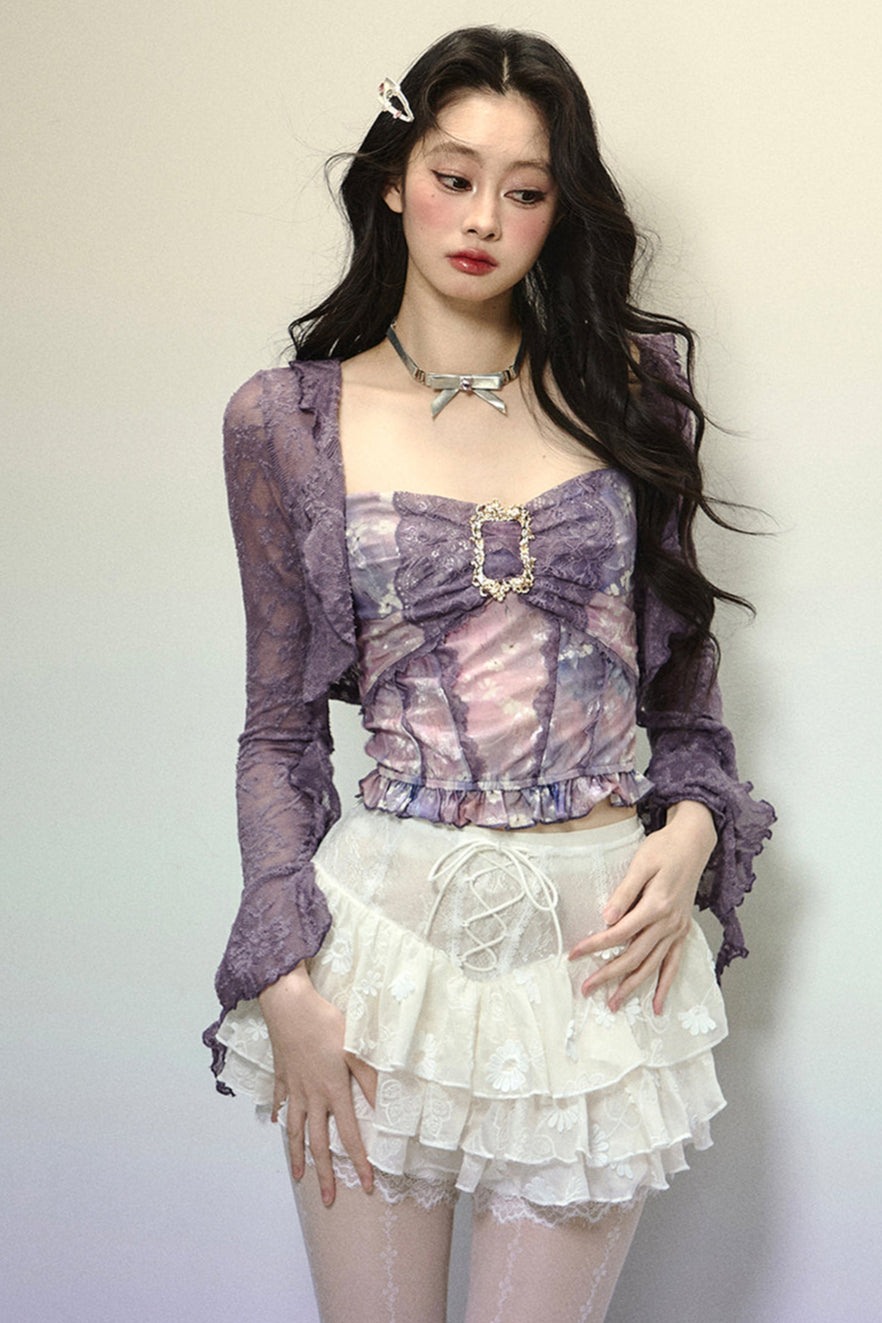 Dark purple lace cardigan + retro design tube top