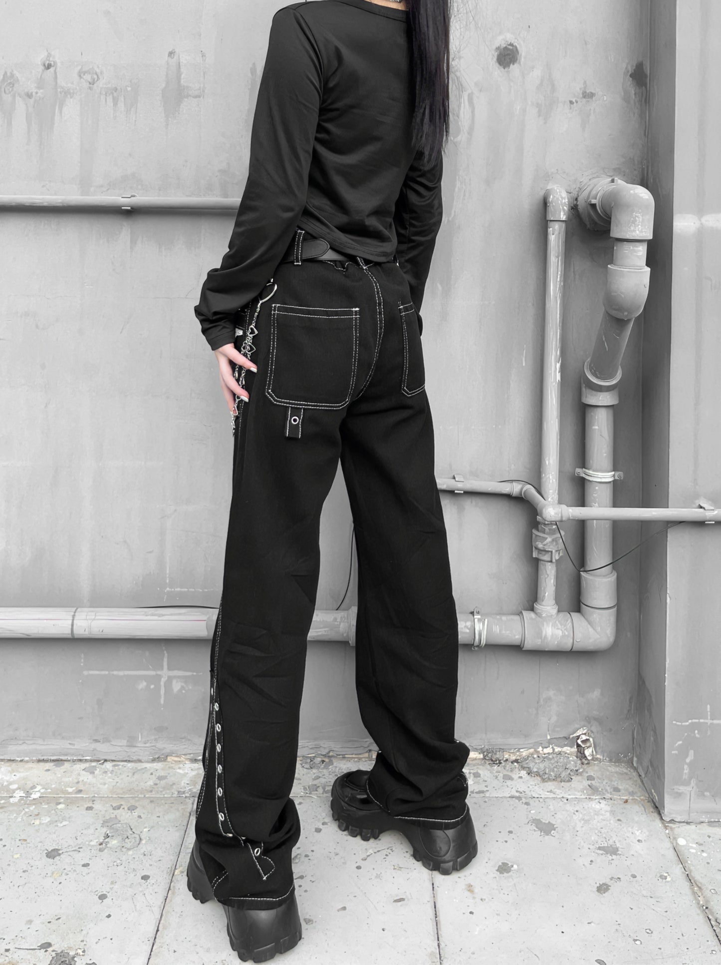 PUNK ROCK BUCKLE EYELET BLACK PANTS + CHAIN ​​HEART BELT