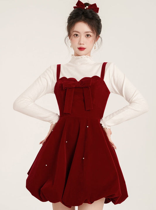 Ribbon Clip French Red Velvet Suspender Dress